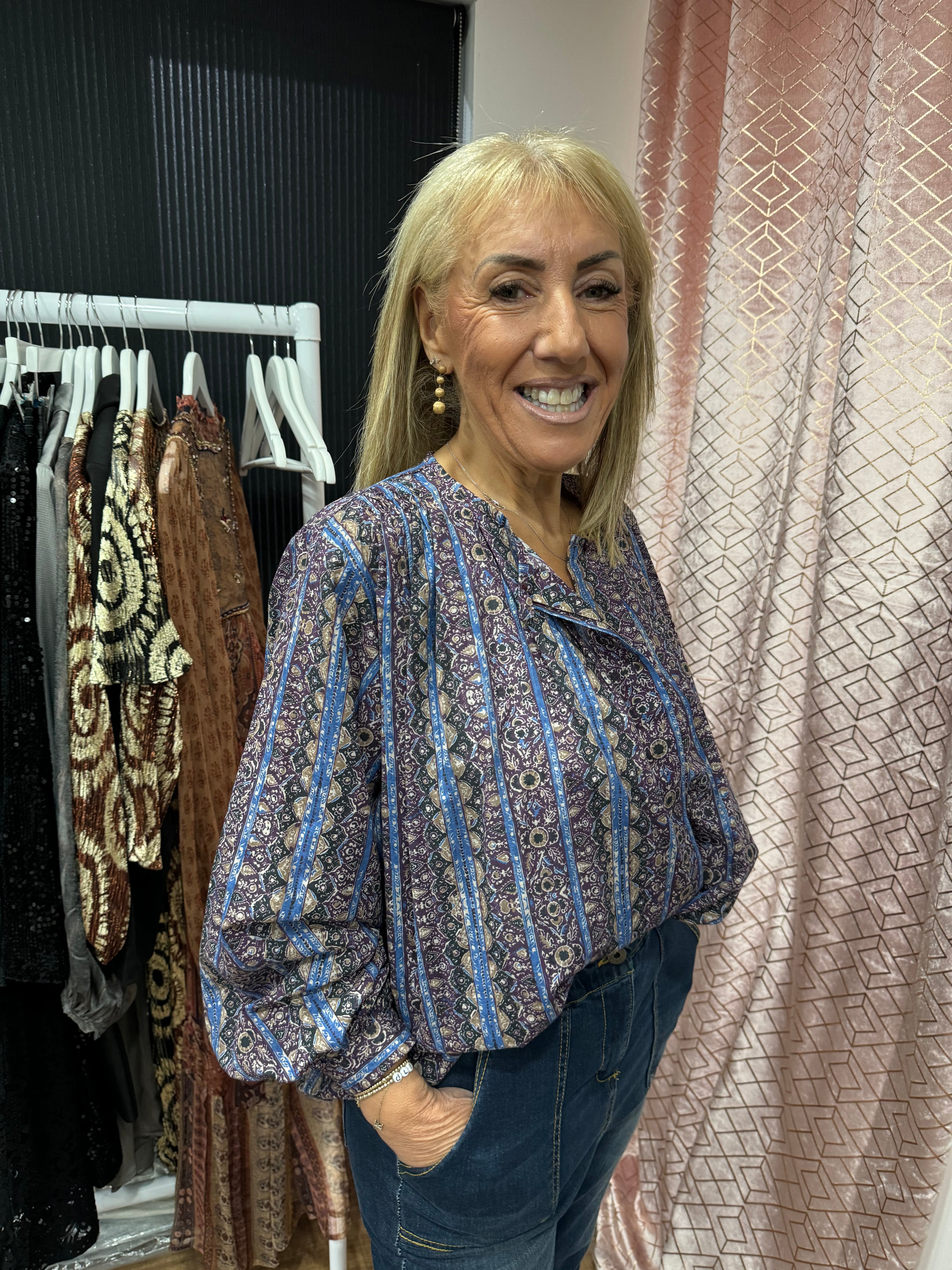 Burgundy Blue Stripe Blouse - New Season - Johanna