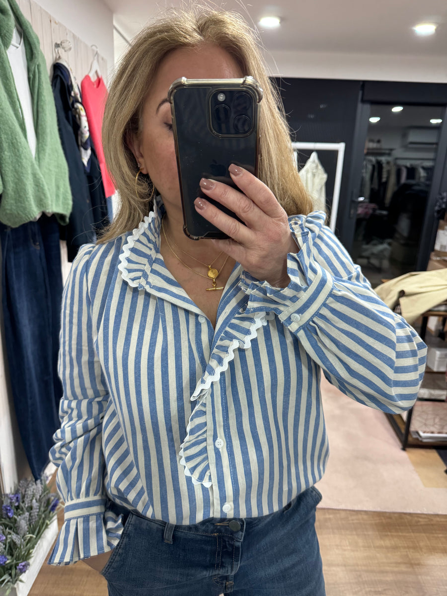 Blue Stripe Ruffle Blouse - New Season – The Wardrobe Edit
