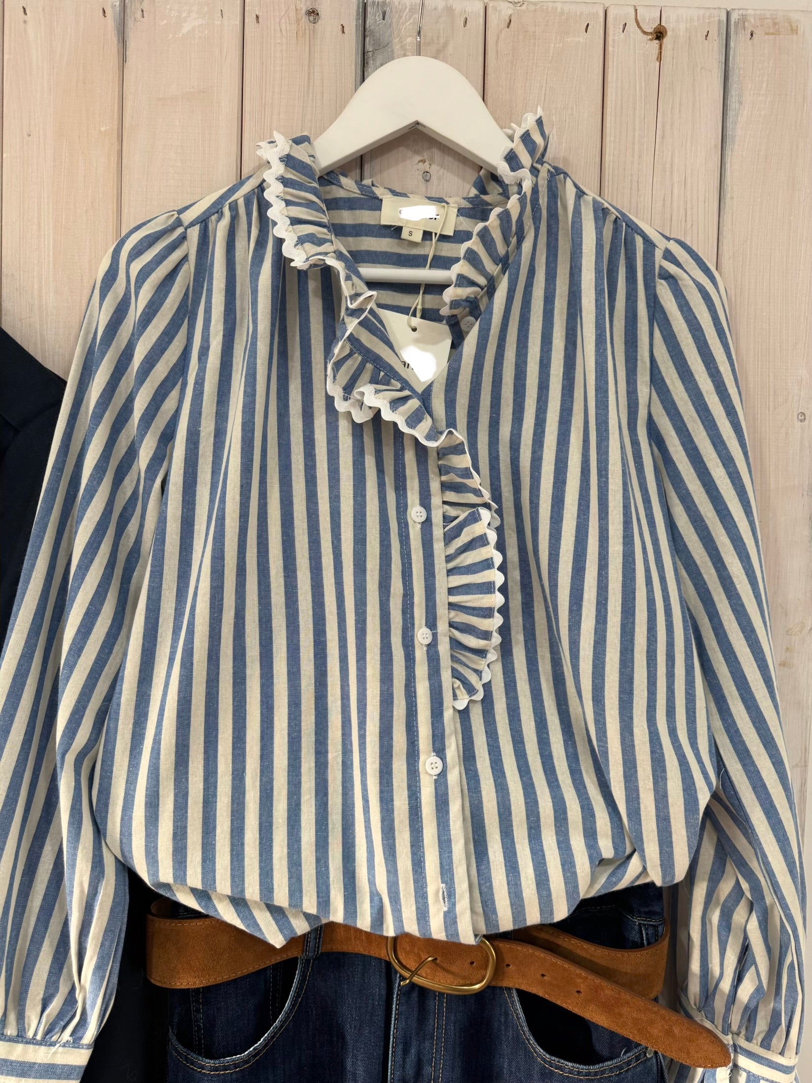 Blue Stripe Ruffle Blouse - New Season – The Wardrobe Edit