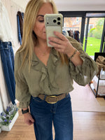 Load image into Gallery viewer, Khaki Ruffle Blouse - AW26
