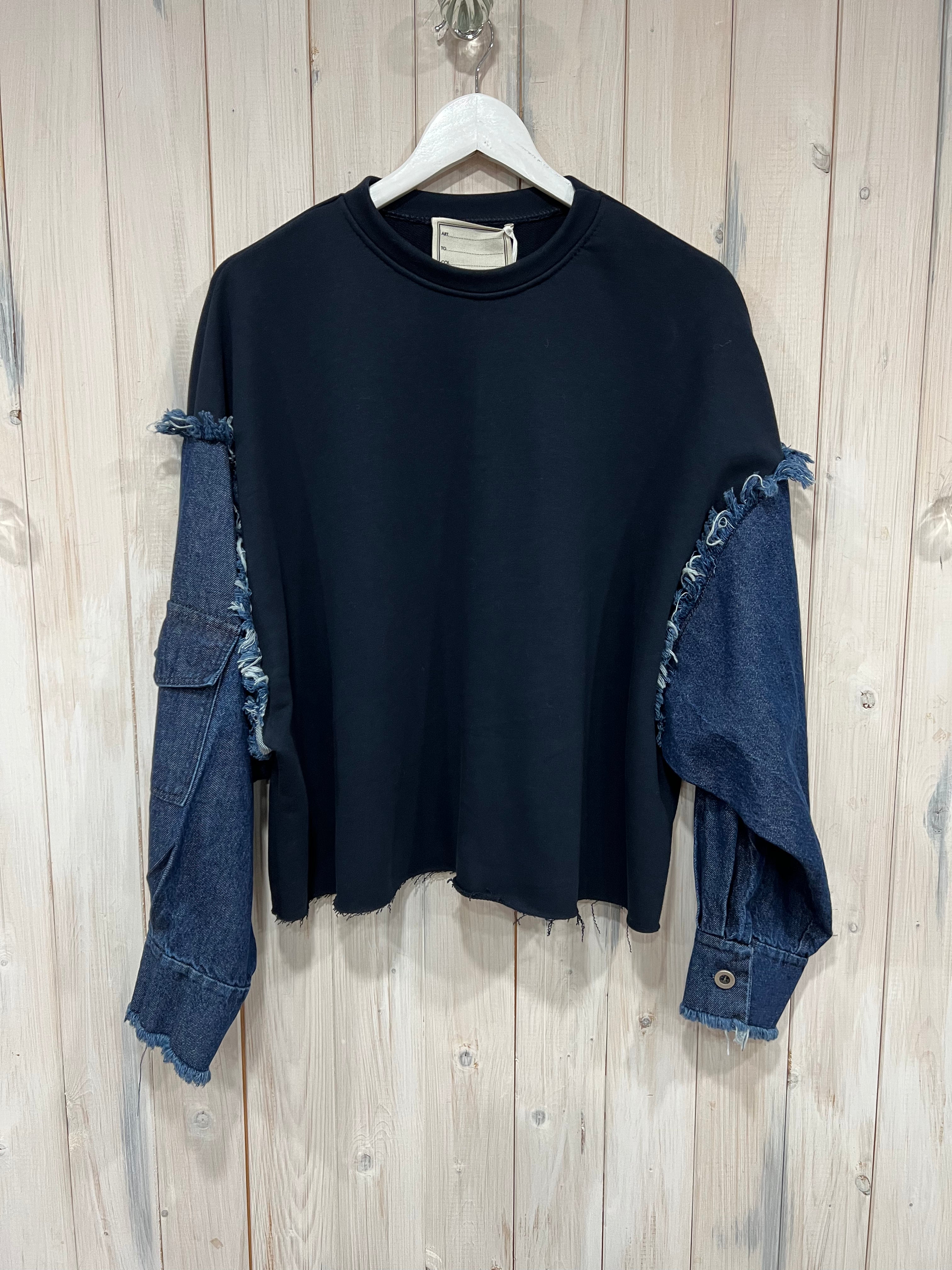 Sweatshirt with denim sleeves clearance